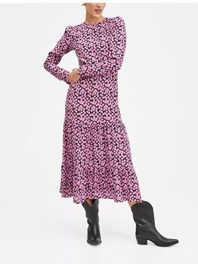 Mango Pink and Black Polka Dot Long Sleeve Midi Dress